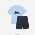 Lacoste סט פיג'מה קצר לוגו קטיפה DZ4D0D1622 כחול חאקי ירוק אפור כהה 8z0 גברים - Image 4