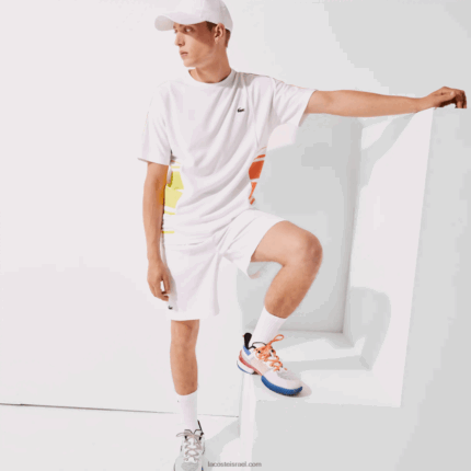 Lacoste ספורט גרפי להקות חולצת פיקה צווארון DZ4D0D1922 לבן צהוב כתום d0v גברים