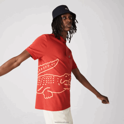 Lacoste פולו פיקה כותנה בהתאמה רגילה בהדפס תנין DZ4D0D648 אדום 67 גרם גברים