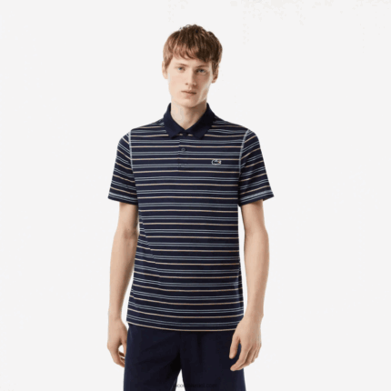 Lacoste פולו פס פוליאסטר ממוחזר גולף DZ4D0D116 כחול כהה ירוק לבן בז 'יי גברים