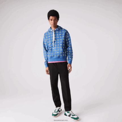 Lacoste קפוצ'ון כותנה בהדפס חי בגזרה רופפת DZ4D0D1143 כחול לבן bx9 גברים