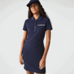 Lacoste שמלת פולו ג'רזי מכותנה ממותגת DZ4D0D2517 כחול כהה 166 נשים