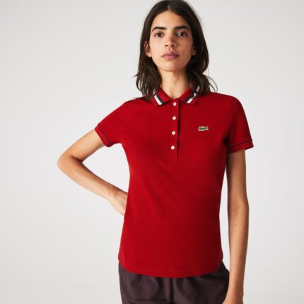 Lacoste תוצרת צרפת כותנה אורגנית בגזרה קלה בכושר פיקה DZ4D0D2506 אדום לבן כחול כהה vlp נשים
