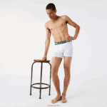 Lacoste תחתון כותנה עם פסים בגזרה ארוכה מתיחה ארוכה, 3 חבילות DZ4D0D1434 אפור chine לבן כחול כהה tya גברים