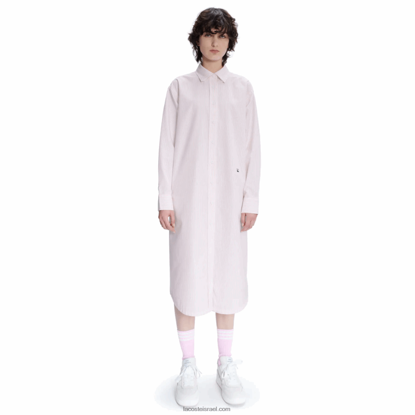 lacoste x a.p.c. שמלת חולצת כותנה מפוספסת DZ4D0D2520 לבן ורוד m5u נשים - Image 1
